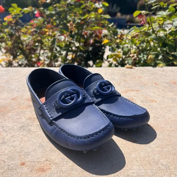 Gucci | Shoes | Gucci Blue Suede Loafers With Iconic Gg Logo  display picture 1